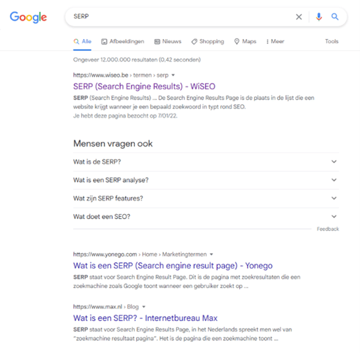 de SERP (search engine results page) op Google